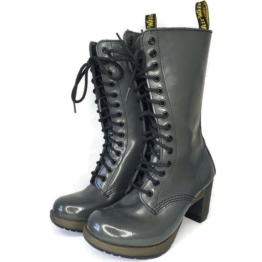Dr Martens Dee 14 Eye Gray Patent Leather Heeled Lace-up Boots Womens EU 37 Diva
